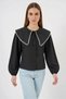 Women's Baby Collar Ruffled Edge Cotton Black Shirt - 2