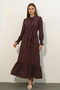 Women's Shirt Collar Belted Ruffled Hem Polka Dot Burgundy Hijab Dress - 3