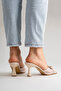 Beige Matte Patent Leather Tulle Detailed 8 cm Heeled Asp Women's Slippers - 6