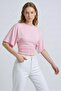 Pink Crew Neck Gathered Waist Bat Sleeve Crop Blouse