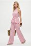 Women's Giselle Halter Neck Tie Blouse Elastic Waist Pants Woven Pink Bottom Top Set - 2