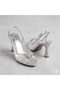 (Park Moda) Stone Detailed Heeled Open Toe Women's Evening Dress Shoes Silver