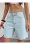 Women's Stoned Jean Bermuda Shorts High Waist Denim Shorts Light Blue Crystal Stone Detailed - 7