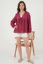 Women's Round Neck Gathered Waist Long Sleeve Viscose Burgundy Blouse - 4
