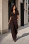 Women's Brown Metal Buckle Short Sleeve Jacket and Pants Set - High Waist Palazzo Two-Piece Set - 4