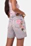 Women's Denim Pink 4S6-89 Mom Relax Special Design Denim Shorts with Rose and Embroidery Detail - 7
