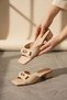Lorea Nude Wrinkled Patent Leather Buckle Short Heeled Women's Slippers - 4