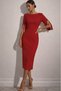 Women's Short Slit Sleeves Pearl Detailed Round Neck Midi Imported Crepe Dress - 3
