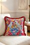 Parrot and Tile Vase Patterned Fringed Throw Pillow Cover - Pink Pillowcase with Red Tassels - 3