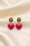 Gold Color Dangle Earrings with Olive Green and Fuchsia Pink Heart Figures - 2