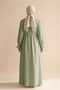 Olive Green Women's 100% Cotton Muslin Fabric Waist-Tied Drawstring Buttoned High Collar Long Hijab Dress Anti-Sweat Summer Dress - 4