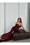 Burgundy Strapless Waist Detailed Sequined Evening Dress - 4