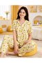 Heart Pattern Yellow Color Shirt Collar Buttoned Short Sleeve Milan Fabric Women's Pajama Set
