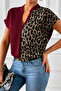 New Season Women's Short Sleeve V-Neck Leopard Patterned Sandy Blouse - 4