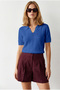 Women's Cobalt Blue Viscose Polo Collar Openwork Draped Knitwear Blouse Blz-19003363 - 2