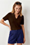 Women's Bitter Brown Viscose Polo Collar Openwork Draped Knitwear Blouse Blz-19003363 - 3