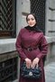 Women's Belt Detail, Elastic Waist, Buttoned Shirt Collar Dress, Burgundy - 5