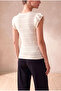 Women's White Regular Fit Crew Neck Ruffled Short Flounce Sleeve Openwork Blouse Oli - 5