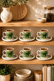 6-Person Ribbon Patterned Porcelain Turkish Coffee Cup Set with Bow Detail - Green