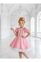 Girl's Ruffle Lace and Ribbon Detail Clown Collar Dress with Stone Detail on Balloon Sleeves - 3