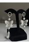 Silver Color Dangle Women's Earrings with Stone Ring, Butterfly and Pearl Detail