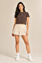 Women's Brown Contrast Ribbed Polo Collar Crop T-Shirt - 2