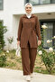 Women's Buttoned Belted Strawberry Fabric Tunic Trousers Brown Double Set