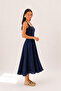 Navy Blue Linen Strap Square Neck A-Line Panel Detailed Cotton Midi Dress - 2