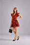 Women's Elastic Waist Double Breasted Collar Patterned Mini Dress Pomegranate - 3