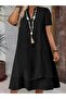 Women's Elegance V-Neck Short Sleeve Midi Black Crinkle Dress