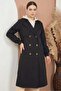 Women's Double-Breasted Collared Black Hijab Trench Coat with Belt - 2