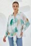 Women's Belted Draped Oversized Patterned Satin Green Ecru Shirt - 5