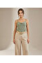 Women's Khaki Color Degaje Collar Adjustable Rope Strap Sandy Fabric Athlete Blouse - 4