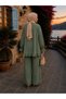 Women's Strawberry Fabric Stand Collar Buttoned Ruffle Detailed Hijab Tunic Pants Double Set - 3