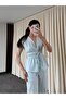Blue 100% Cotton Shoulder-Waist Drawstring Blouse and Trousers Set - Y286120 - 3