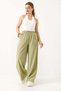 Women's Stone Detailed Loose Fit Linen Look Trousers Green