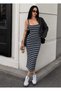 Women's Navy Blue Striped Square Neck Thick Strap Fitted Bodycon Midi Dress - 3