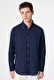 Ds Damat Comfort Navy Blue Flared Cotton-Linen Summer Shirt - 4