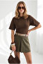 Women's Brown Waist-Slit Modal Buttoned Blouse with Stitching Detail Blz-19003373 - 4
