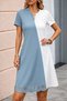 New Season Women's Short Sleeve V-Neck Double Color Short Laser Cut Flower Detailed Imported Crepe Dress - 2