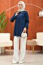 Navy Blue Striped Shirt Tunic with Elastic Sleeves - 2