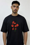 Red Poppy Design Printed Oversize Black T-Shirt