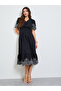 Black Contrast Embroidered A-Line Midi Dress