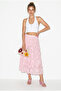 Women's Pink Elastic Waist Self-Patterned Lined Midi Skirt 355 60286035 - 2