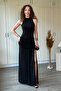 Drawstring Waist Slit High Neck Maxi Black Dress - 3