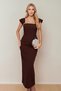 Women's Brown Color Stone-Detail Collar Atlas Fabric Long Length Wedding Engagement Prom Dinner Dress - 4