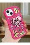 iPhone 15 Compatible Case with Camera Protection Red Silicone Couple Phone Case with Floral Pattern