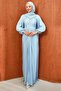 Baby Blue Front Gathered Collar Stone Embellished Evening Dress - 3