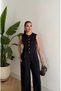 Mona Gold Button Detailed Women's Linen Vest and Trousers Set – Black - 2