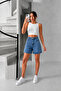 Blue Back Belt Cross Bridge Detail Wide Leg Denim Shorts